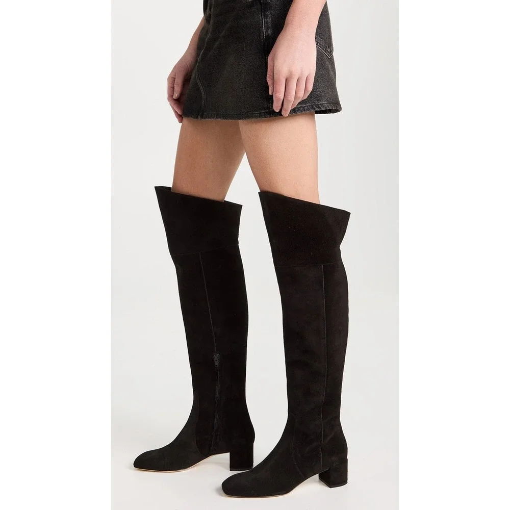 AEYDE Letizia Over the Knee‎ Boots Black Suede Square Toe Block Heel EU 37
